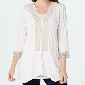 NEW LOGO by Lori Goldstein Embroidered Lace Front Hook Closure Tunic Top White L